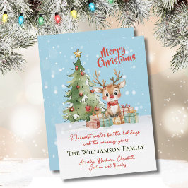 Cute Watercolor Reindeer Julgran Card Julkort