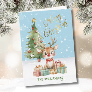 Cute Watercolor Reindeer Julgran Kort