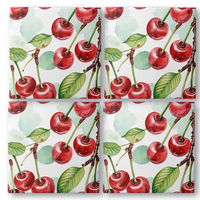 Cute Watercolor Retro Cherries Mönster Kakelplatta (Skapare uppladdad)