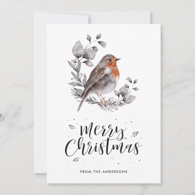 Cute Watercolor Robin Bird Snowy-julkort Julkort (Framsida)