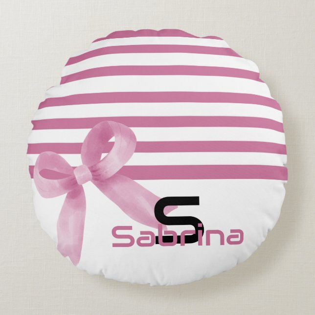 Cute Watercolor Rosa Bow Rand Round Pillow Rund Kudde (Framsidan)
