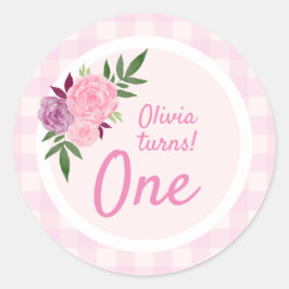 Cute Watercolor Rosa Flowers Girl's 1st Birthday Runt Klistermärke