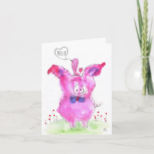 Cute Watercolor Rosa Grisar Hej Greeting Card Tack Kort