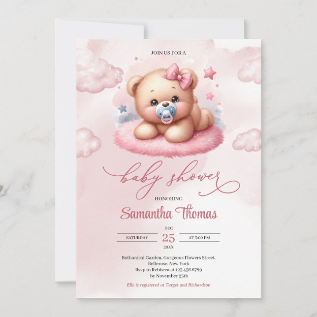 Cute Watercolor rosa nalle med nappar Inbjudningar (Framsida)