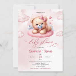 Cute Watercolor rosa nalle med nappar Inbjudningar