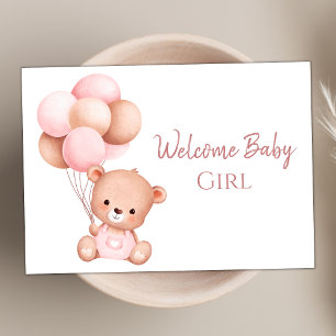 Cute Watercolor Rosa Nalle Välkommen Baby Kort