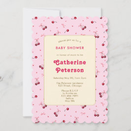 Cute Watercolor Rosa Red Cherries, Hearearts, Bows Inbjudningar