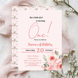 Cute Watercolor Rosa ros Flicka 1:a födelsedag Inbjudningar
