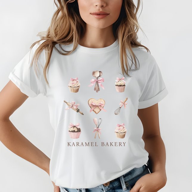 Cute Watercolor Rosa Utensils & Cupkaka Bakery T Shirt (Skapare uppladdad)