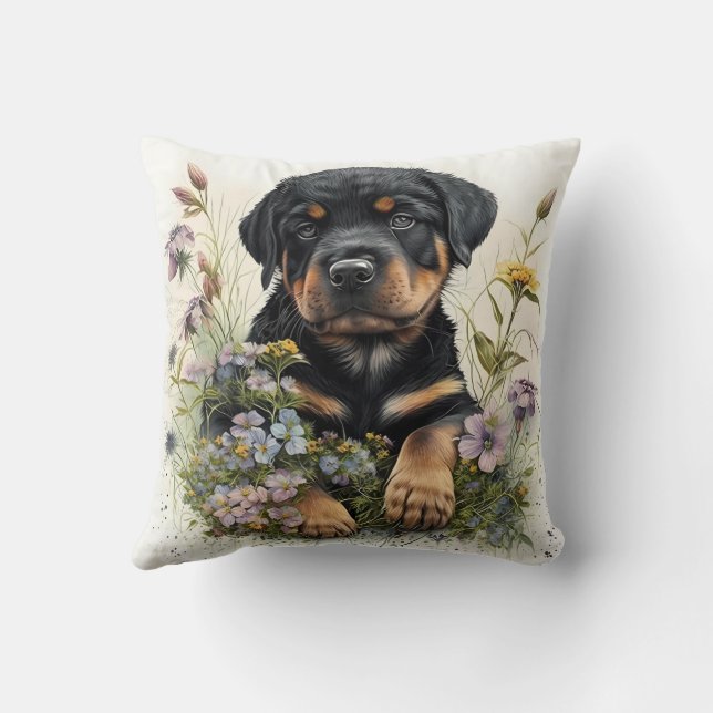 Cute Watercolor Rottweiler Puppy Dog Kudde (Baksida)