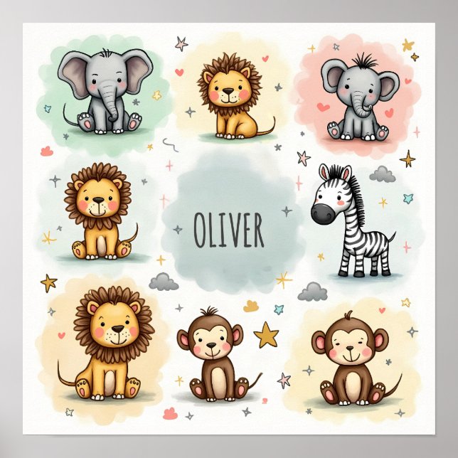 Cute Watercolor Safari Animal Doodles Poster (Framsidan)