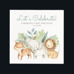 Cute Watercolor Safari Animal Friends Birthday Pappersservett<br><div class="desc">Lägg till en söt safari-accent i händelsens matbord med det här anpassadets pappra blöjor. Den har söta vattenfärgsillustrationer av en lejon,  tiger och elefant med gröna accenter. Anpassa genom att lägga till egna detaljer. De här safari-vännerna pappra servetter är perfekt för babyduschar och barns födelsedag party.</div>