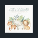 Cute Watercolor Safari Animal Friends Birthday Pappersservett<br><div class="desc">Lägg till en söt safari-accent i händelsens matbord med det här anpassadets pappra blöjor. Den har söta vattenfärgsillustrationer av en lejon,  tiger och elefant med gröna accenter. Anpassa genom att lägga till egna detaljer. De här safari-vännerna pappra servetter är perfekt för babyduschar och barns födelsedag party.</div>