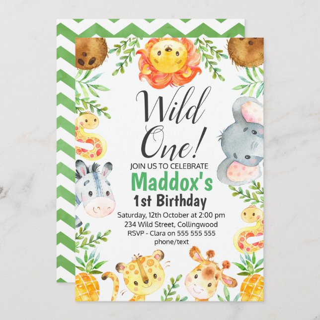 Cute Watercolor Safari Animals Birthday Call Inbjudningar (Fram/baksida)