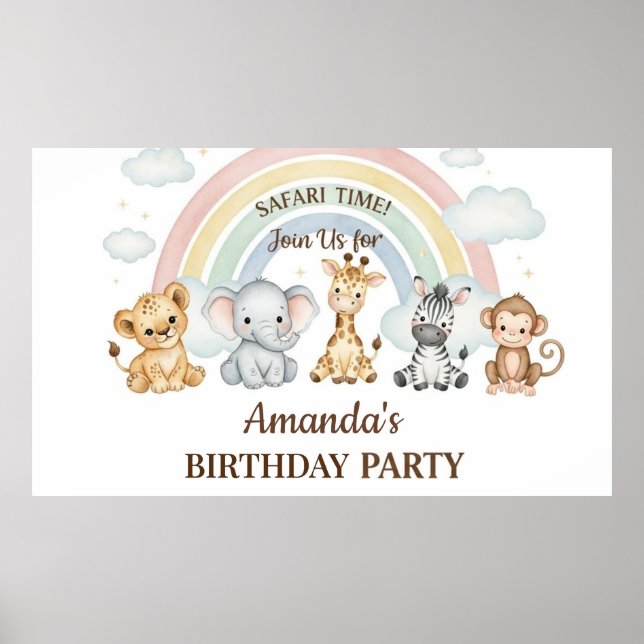 Cute Watercolor Safari Animals Birthday Poster (Framsidan)