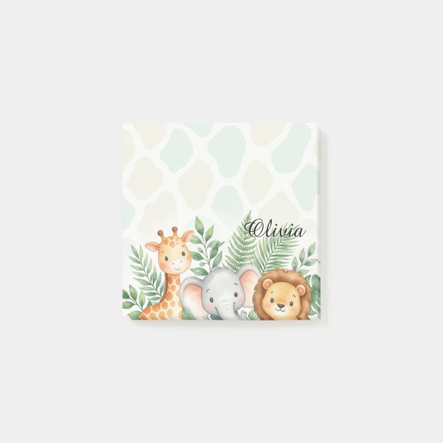 Cute Watercolor Safari Animals Personalized Sticky Post-it Block (Framsida)