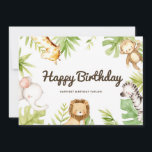 Cute Watercolor Safari Friends Tropical Birthday<br><div class="desc">Skicka din födelsedag önskemål och ditt meddelande med det här platta kortet för safari grattis på födelsedagen. Den har söta vattenfärgsillustrationer av en baby-giraff, apa, elefant, lejon och zebra med accent för tropiska löv. Anpassa genom att lägga till egna texter. Detta tropiska födelsedagskort kommer att vara perfekt för födelsedagar för...</div>