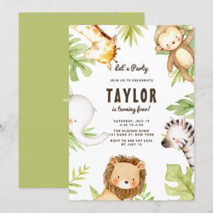Cute Watercolor Safari Friends Tropical Birthday Inbjudningar