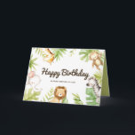 Cute Watercolor Safari Friends Tropical Birthday Kort<br><div class="desc">Skicka din födelsedag önskemål och ditt meddelande med det här safari grattis på födelsedagen-kortet. Den har söta vattenfärgsillustrationer av en baby-giraff, apa, elefant, lejon och zebra med accent för tropiska löv. Anpassa genom att lägga till egna texter. Detta tropiska födelsedagskort kommer att vara perfekt för födelsedagar för sommar och tropiska...</div>
