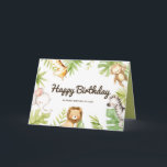 Cute Watercolor Safari Friends Tropical Birthday Kort<br><div class="desc">Skicka din födelsedag önskemål och ditt meddelande med det här safari grattis på födelsedagen-kortet. Den har söta vattenfärgsillustrationer av en baby-giraff, apa, elefant, lejon och zebra med accent för tropiska löv. Anpassa genom att lägga till egna texter. Detta tropiska födelsedagskort kommer att vara perfekt för födelsedagar för sommar och tropiska...</div>