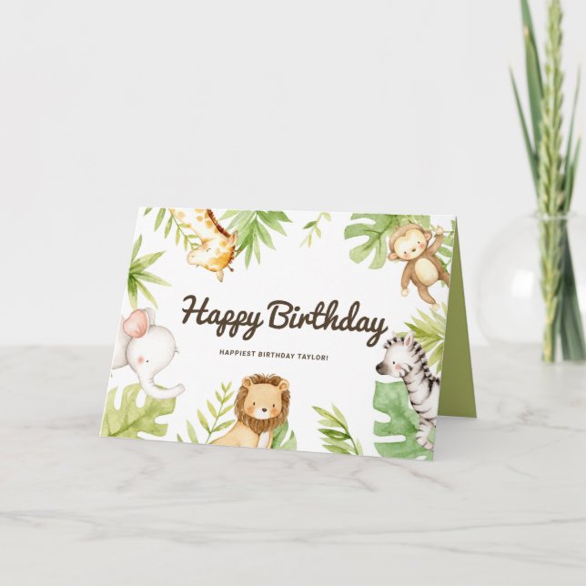 Cute Watercolor Safari Friends Tropical Birthday Kort (Framsida)