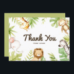Cute Watercolor Safari Friends Tropical Birthday Tack Kort<br><div class="desc">Skicka ett tack till familj och vänner för att de deltar i firandet med det här safari-tackkortet. Den har söta vattenfärgsillustrationer av en baby-giraff, apa, elefant, lejon och zebra med accent för tropiska löv. Anpassa genom att lägga till din händelseinformation. Det här tropiska tackkortet blir perfekt för födelsedagar, babyduschar och...</div>