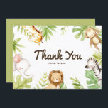 Cute Watercolor Safari Friends Tropical Birthday Tack Kort<br><div class="desc">Skicka ett tack till familj och vänner för att de deltar i firandet med det här safari-tackkortet. Den har söta vattenfärgsillustrationer av en baby-giraff, apa, elefant, lejon och zebra med accent för tropiska löv. Anpassa genom att lägga till din händelseinformation. Det här tropiska tackkortet blir perfekt för födelsedagar, babyduschar och...</div>