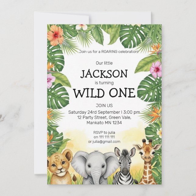Cute Watercolor Safari Wild One Birthday Inbjudningar (Framsida)