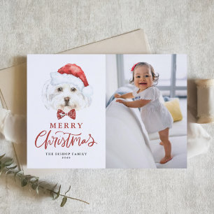 Cute Watercolor Santa Malese Hund Photo jul Helgkort
