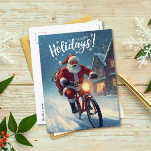 Cute Watercolor Santa på Bicycle jul Helg Vykort
