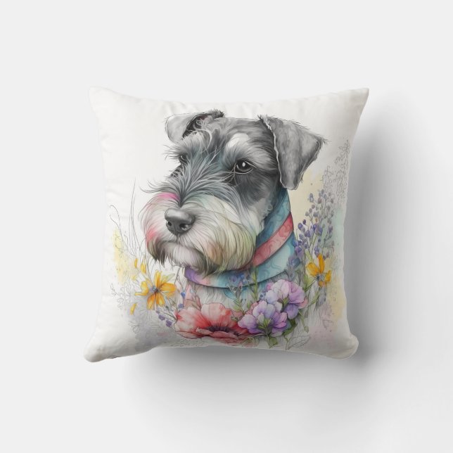 Cute Watercolor Schnauzer Puppy Dog Kudde (Baksida)