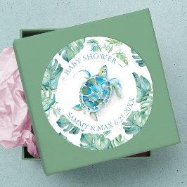 Cute Watercolor Sea Turtle & Greenery Favy Runt Klistermärke