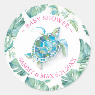Cute Watercolor Sea Turtle & Greenery Favy Runt Klistermärke