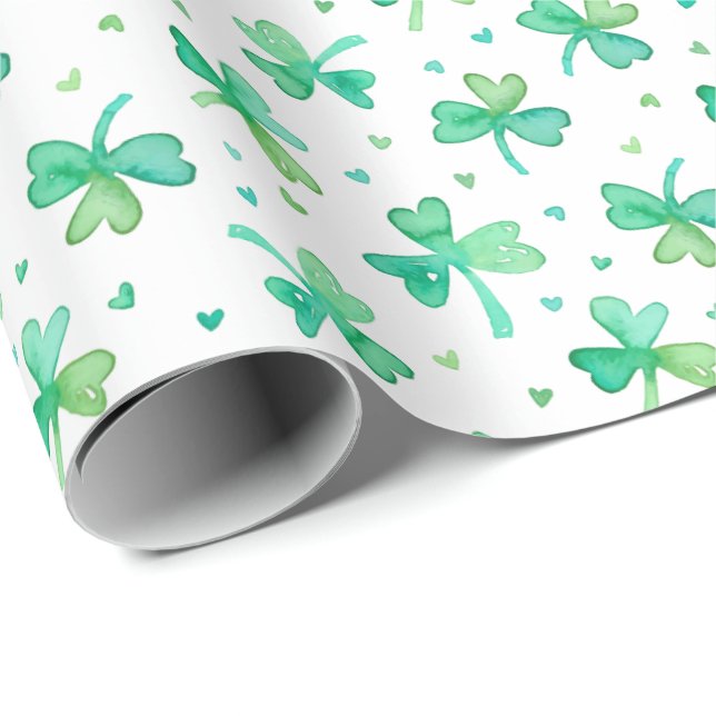 Cute Watercolor Shamrocks and Heartors grönt white Presentpapper (Rullad Hörn)
