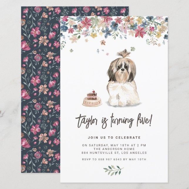Cute Watercolor Shih Tzu Hund Birthday Investigati (Fram/baksida)