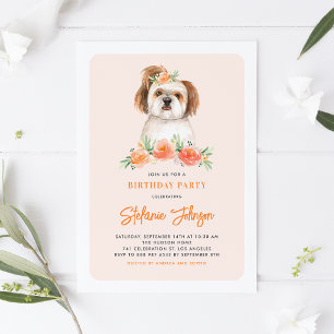 Cute Watercolor Shih Tzu Peach Blommigt Birthday Inbjudningar