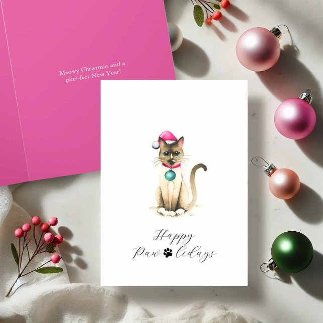 Cute Watercolor Siamese Cat julkort Helgkort (Siamese cat Christmas cards with cute Merry Christmas wishes art and design by Victoria Grigaliunas)