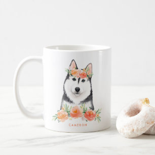 Cute Watercolor Siberian husky Peach-Blommigten Kaffemugg