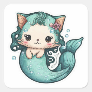 Cute Watercolor Sjöjungfru Cat Fyrkantigt Klistermärke