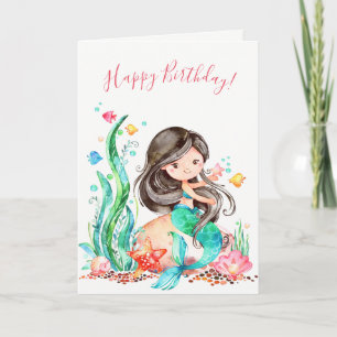 Cute Watercolor Sjöjungfru under Havsdagen Kort