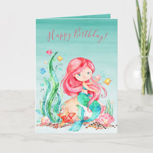 Cute Watercolor Sjöjungfru under Sea Birthday Car Kort