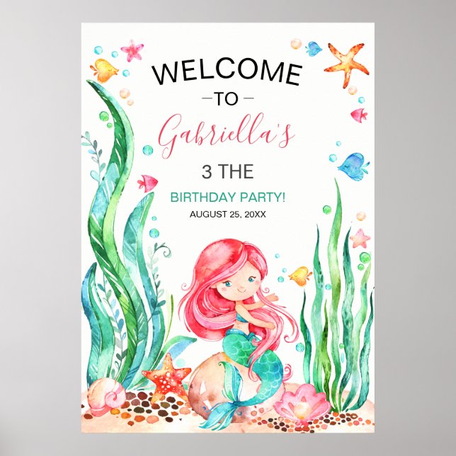 Cute Watercolor Sjöjungfru under Sea Birthday Pos Poster (Framsidan)