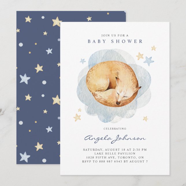 Cute Watercolor Sleeping Baby Fox Baby Shower Inbjudningar (Fram/baksida)
