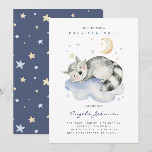 Cute Watercolor Sleeping Raccoon Baby Brunch Inbjudningar (Fram/baksida)