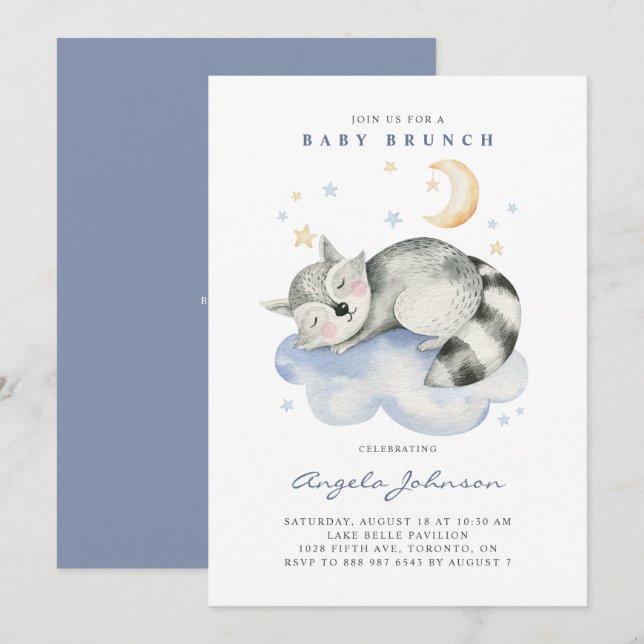 Cute Watercolor Sleeping Raccoon Baby Brunch Inbjudningar (Fram/baksida)