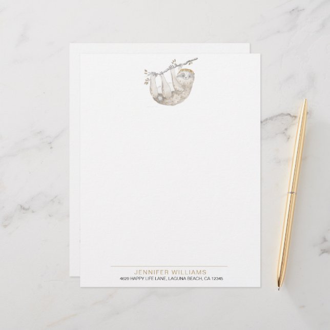 Cute Watercolor Sloth Älskare Letterhead Brevhuvud (Fram/Back In Situ)