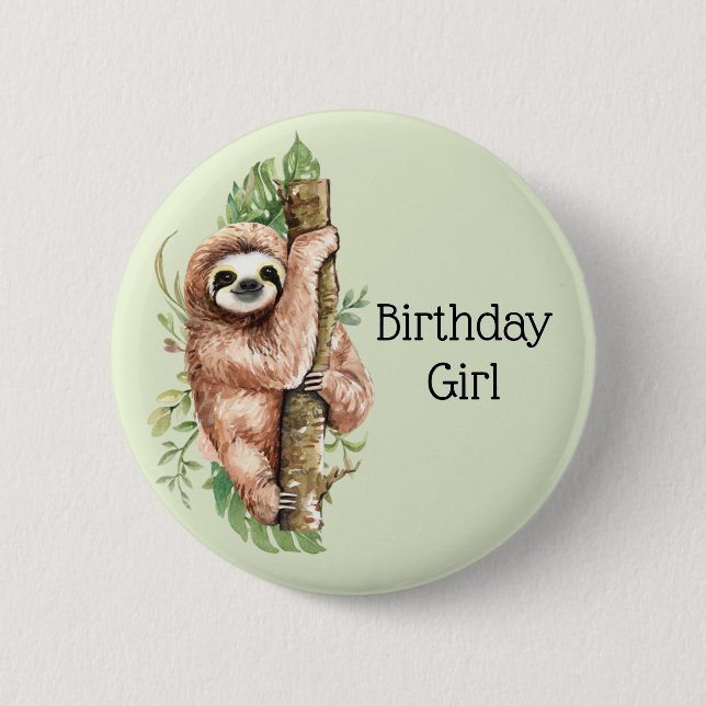 Cute Watercolor Sloth Birthday Girl Knapp (Framsida)