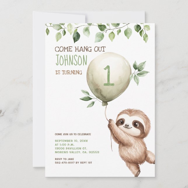 Cute Watercolor Sloth Kids Birthday Party  Inbjudningar (Framsida)