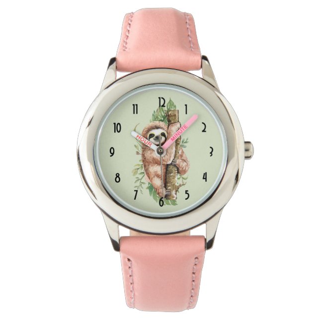 Cute Watercolor Sloth och Tropical Löv Armbandsur (Framsida)