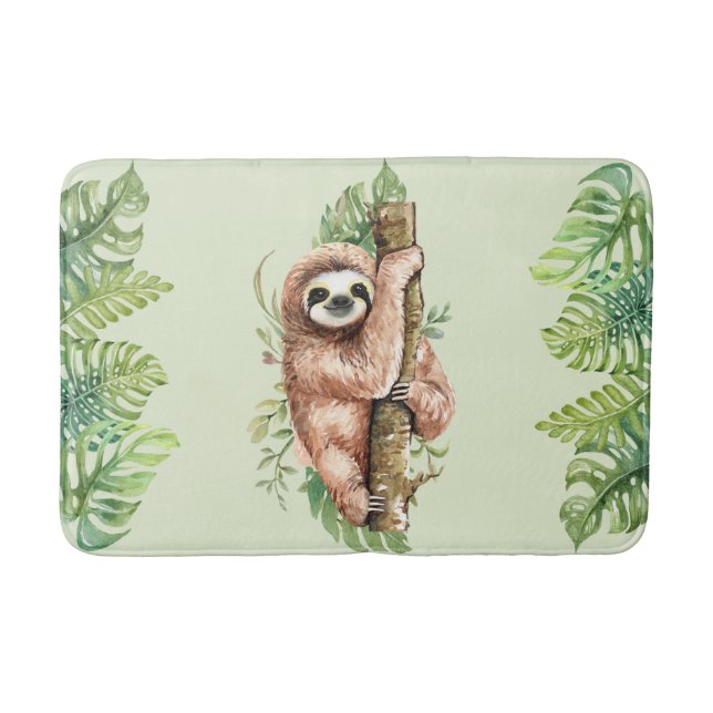 Cute Watercolor Sloth och Tropical Löv Badrumsmatta (Framsidan)
